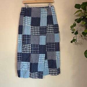Lizwear Patchwork Gingham Midi Skirt in Navy & Light Blue